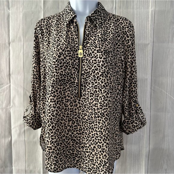 Michael Kors Womens Long Sleeve Blouse Front Pockets Zipper neck front Animal Pr - Picture 2 of 7